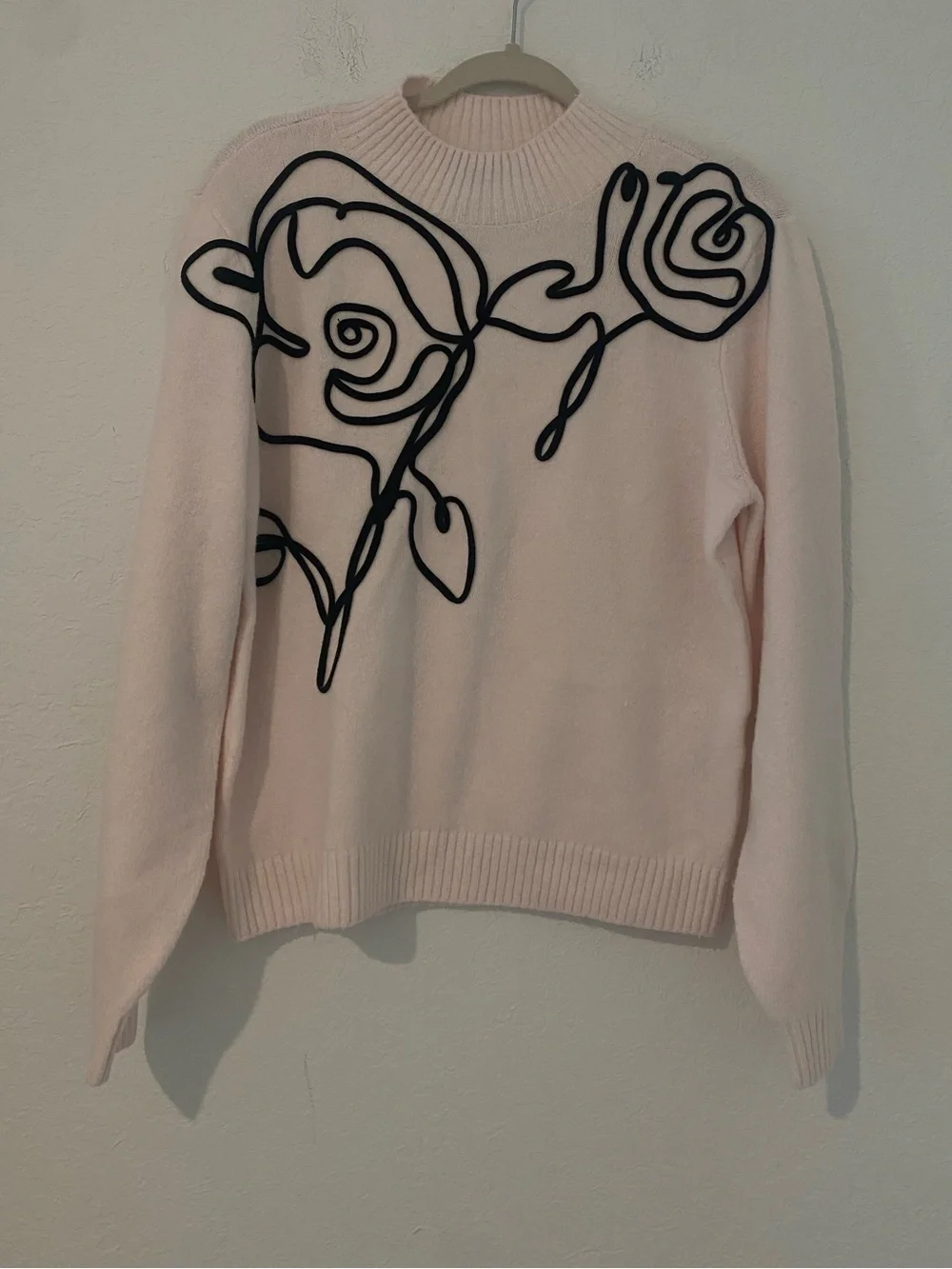 White House Black Market soft pink Sweater with Black Floral Line Art